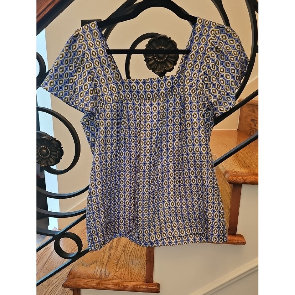 Banana Republic Blue Green Geometric Diamond Print Square Neck Blouse XS